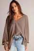 Waffle Knit V Neck Drop Shoulder Long Sleeve Casual Blouse