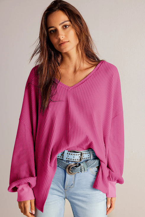 Waffle Knit V Neck Drop Shoulder Long Sleeve Casual Blouse