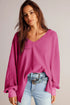 Waffle Knit V Neck Drop Shoulder Long Sleeve Casual Blouse