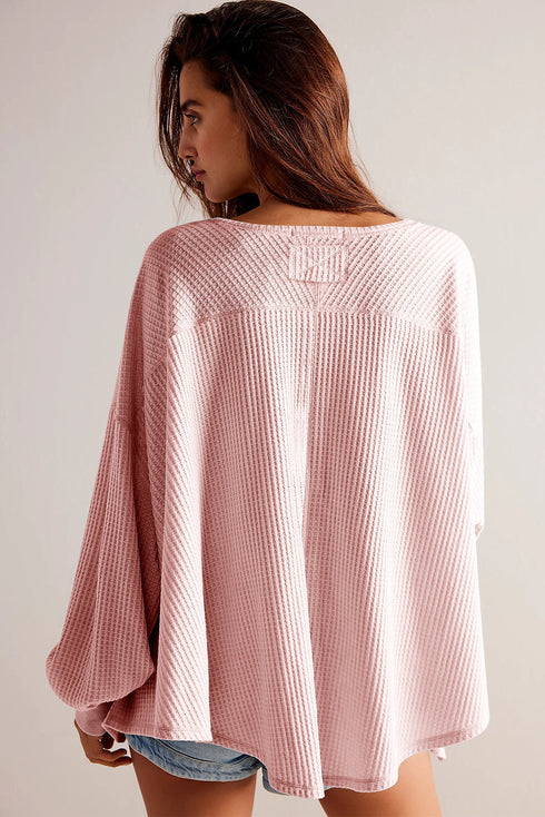 Waffle Knit V Neck Drop Shoulder Long Sleeve Casual Blouse