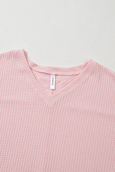 Waffle Knit V Neck Drop Shoulder Long Sleeve Casual Blouse