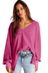 Waffle Knit V Neck Drop Shoulder Long Sleeve Casual Blouse