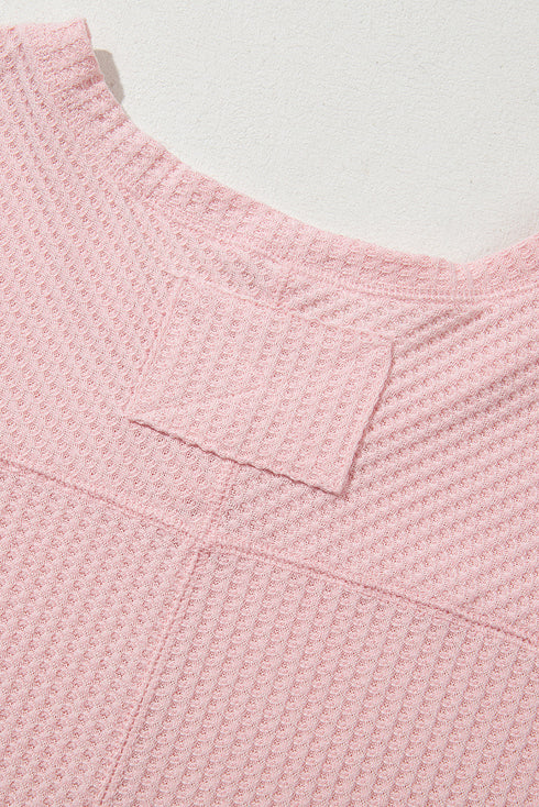 Waffle Knit V Neck Drop Shoulder Long Sleeve Casual Blouse