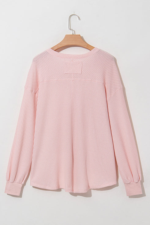 Waffle Knit V Neck Drop Shoulder Long Sleeve Casual Blouse