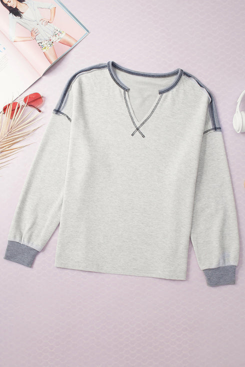 Waffle Knit V Neck Exposed Seam Relaxed Sweatshirt