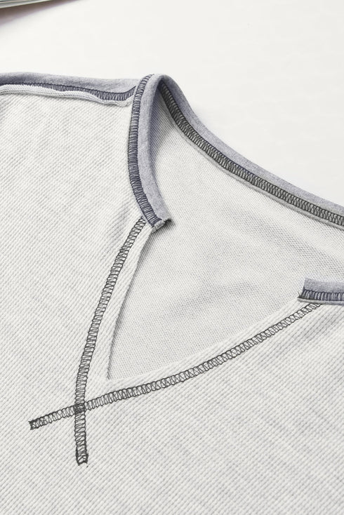 Waffle Knit V Neck Exposed Seam Relaxed Sweatshirt