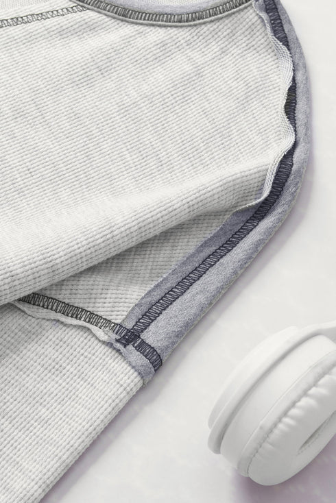 Waffle Knit V Neck Exposed Seam Relaxed Sweatshirt