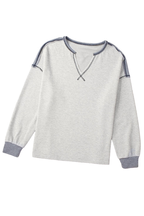 Waffle Knit V Neck Exposed Seam Relaxed Sweatshirt