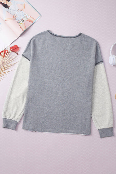 Waffle Knit V Neck Exposed Seam Relaxed Sweatshirt