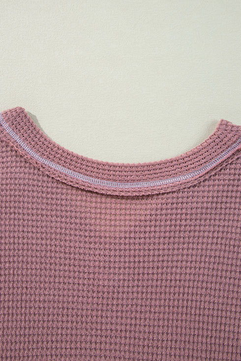 Waffle Knit V Neck Long Sleeve Babydoll Top