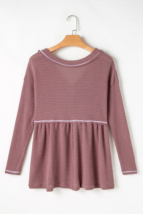 Waffle Knit V Neck Long Sleeve Babydoll Top