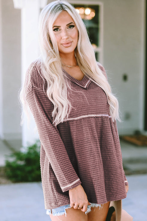 Waffle Knit V Neck Long Sleeve Babydoll Top