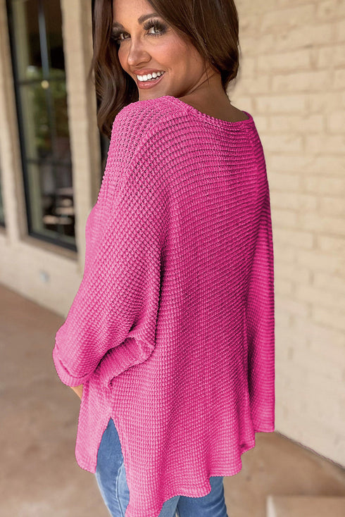 Waffle Knit V Neck Side Slit Relaxed Pullover Top