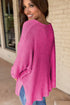 Waffle Knit V Neck Side Slit Relaxed Pullover Top