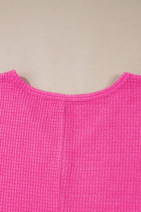 Waffle Knit V Neck Side Slit Relaxed Pullover Top