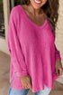 Waffle Knit V Neck Side Slit Relaxed Pullover Top
