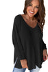 Waffle Knit V Neck Side Slit Relaxed Pullover Top