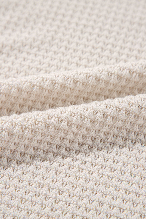 Waffle Knit V Neck Side Slit Relaxed Pullover Top