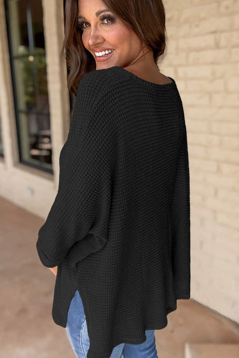Waffle Knit V Neck Side Slit Relaxed Pullover Top