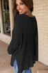 Waffle Knit V Neck Side Slit Relaxed Pullover Top