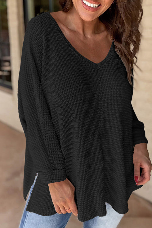 Waffle Knit V Neck Side Slit Relaxed Pullover Top