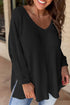 Waffle Knit V Neck Side Slit Relaxed Pullover Top