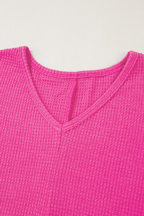Waffle Knit V Neck Side Slit Relaxed Pullover Top