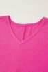 Waffle Knit V Neck Side Slit Relaxed Pullover Top