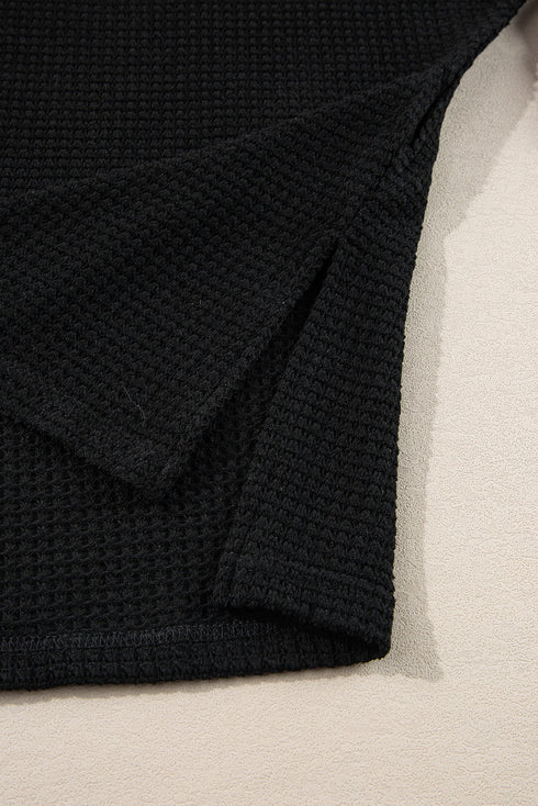 Waffle Knit V Neck Side Slit Relaxed Pullover Top