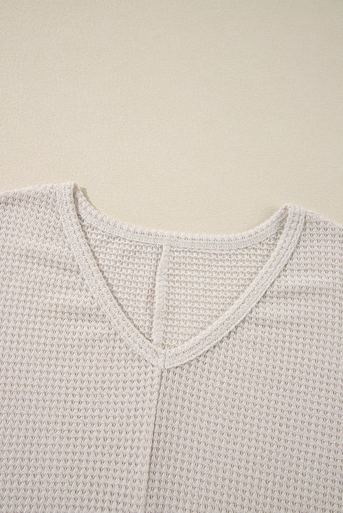 Waffle Knit V Neck Side Slit Relaxed Pullover Top