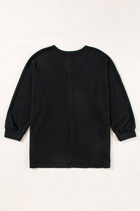 Waffle Knit V Neck Side Slit Relaxed Pullover Top