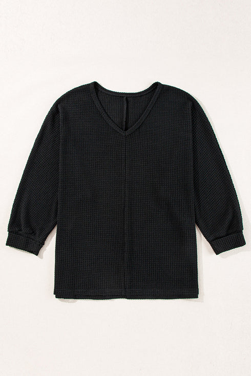 Waffle Knit V Neck Side Slit Relaxed Pullover Top