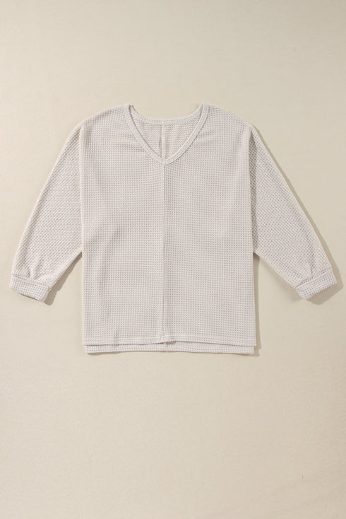Waffle Knit V Neck Side Slit Relaxed Pullover Top