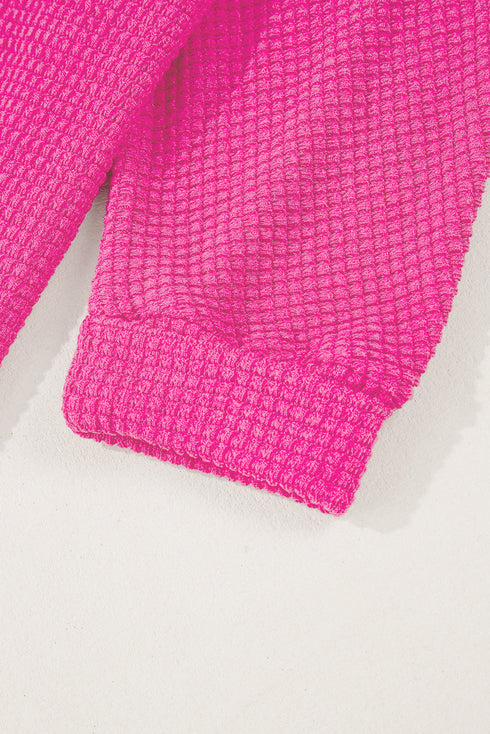 Waffle Knit V Neck Side Slit Relaxed Pullover Top