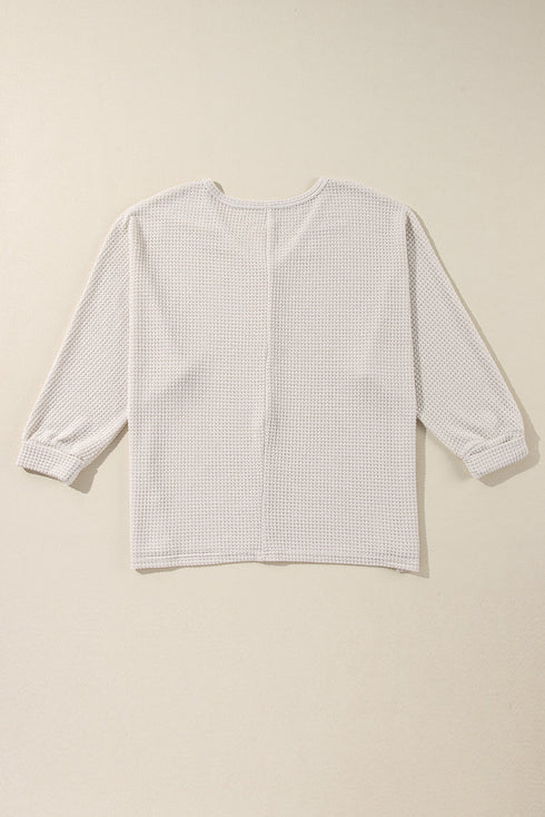 Waffle Knit V Neck Side Slit Relaxed Pullover Top