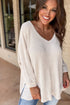 Waffle Knit V Neck Side Slit Relaxed Pullover Top
