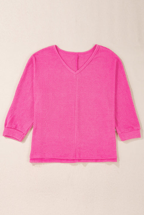 Waffle Knit V Neck Side Slit Relaxed Pullover Top