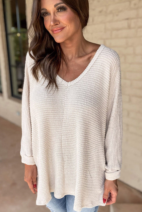 Waffle Knit V Neck Side Slit Relaxed Pullover Top