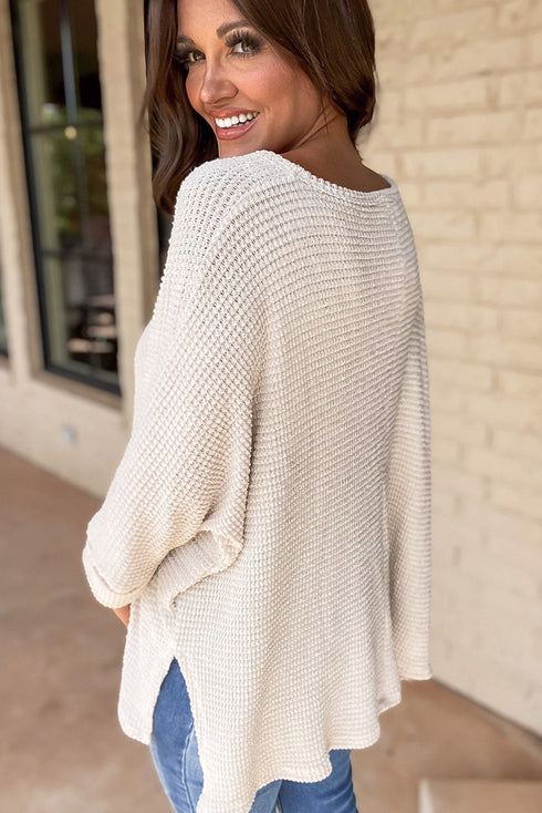 Waffle Knit V Neck Side Slit Relaxed Pullover Top