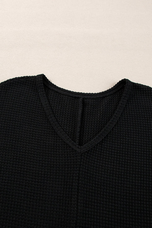 Waffle Knit V Neck Side Slit Relaxed Pullover Top