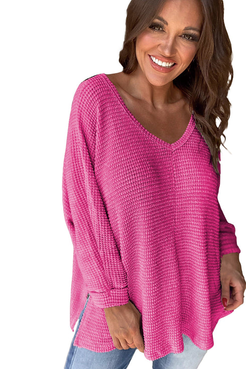 Waffle Knit V Neck Side Slit Relaxed Pullover Top