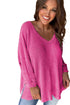 Waffle Knit V Neck Side Slit Relaxed Pullover Top