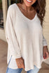 Waffle Knit V Neck Side Slit Relaxed Pullover Top