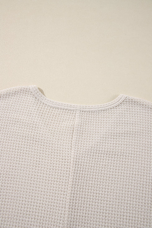 Waffle Knit V Neck Side Slit Relaxed Pullover Top