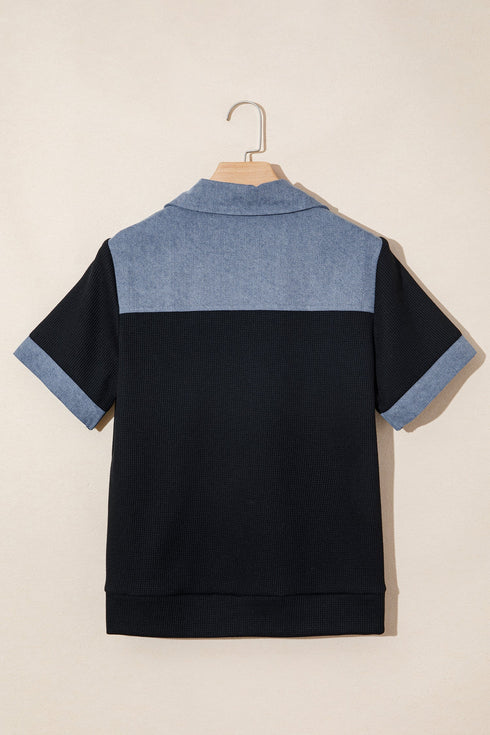 Waffle Knit Western Patchwork Button Flap Polo Top