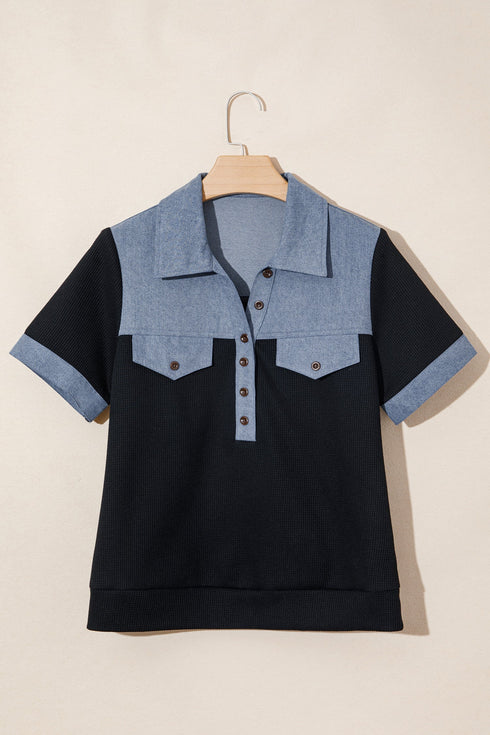 Waffle Knit Western Patchwork Button Flap Polo Top