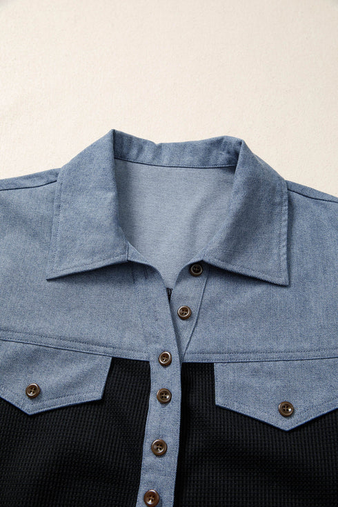 Waffle Knit Western Patchwork Button Flap Polo Top