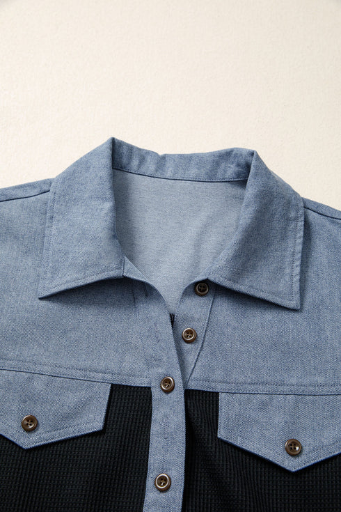 Waffle Knit Western Patchwork Button Flap Polo Top