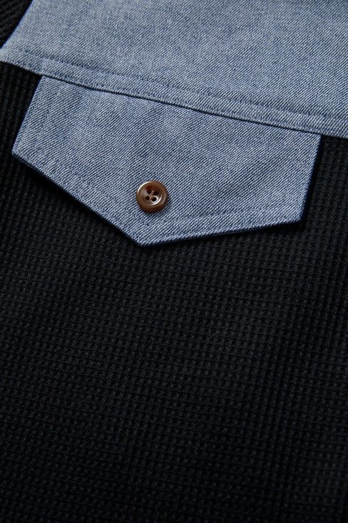 Waffle Knit Western Patchwork Button Flap Polo Top