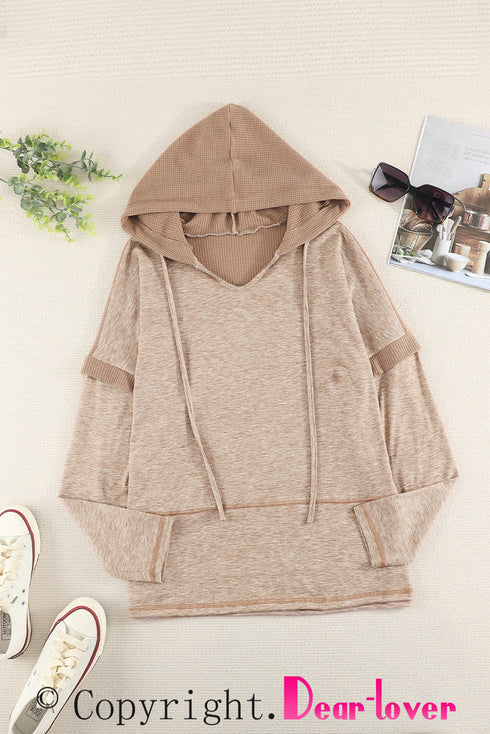 Waffle Patchwork V Neck Pullover Knit Hoodie